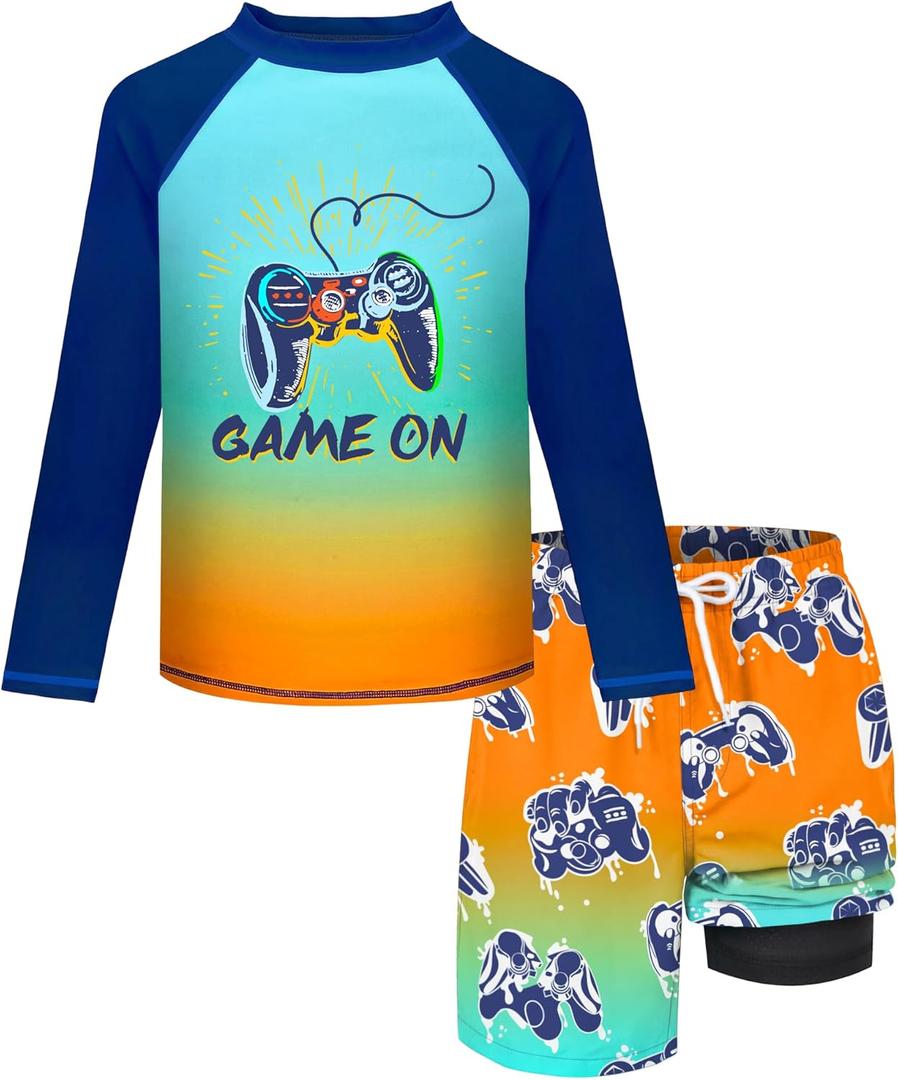 Boys Rash Guard Swim Set with Swim Trunks Bathing Suit Long Sleeve Swim Shirt Quick Dry Swimsuit Kids Gamepad Swimwear Size 8