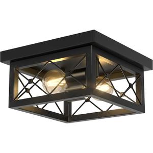 Aolloa Black Flush Mount 2-Light Hallway Light Fixtures with Vintage Metal Square Ceiling Lamp for Kitchen, Living Room, Bedroom