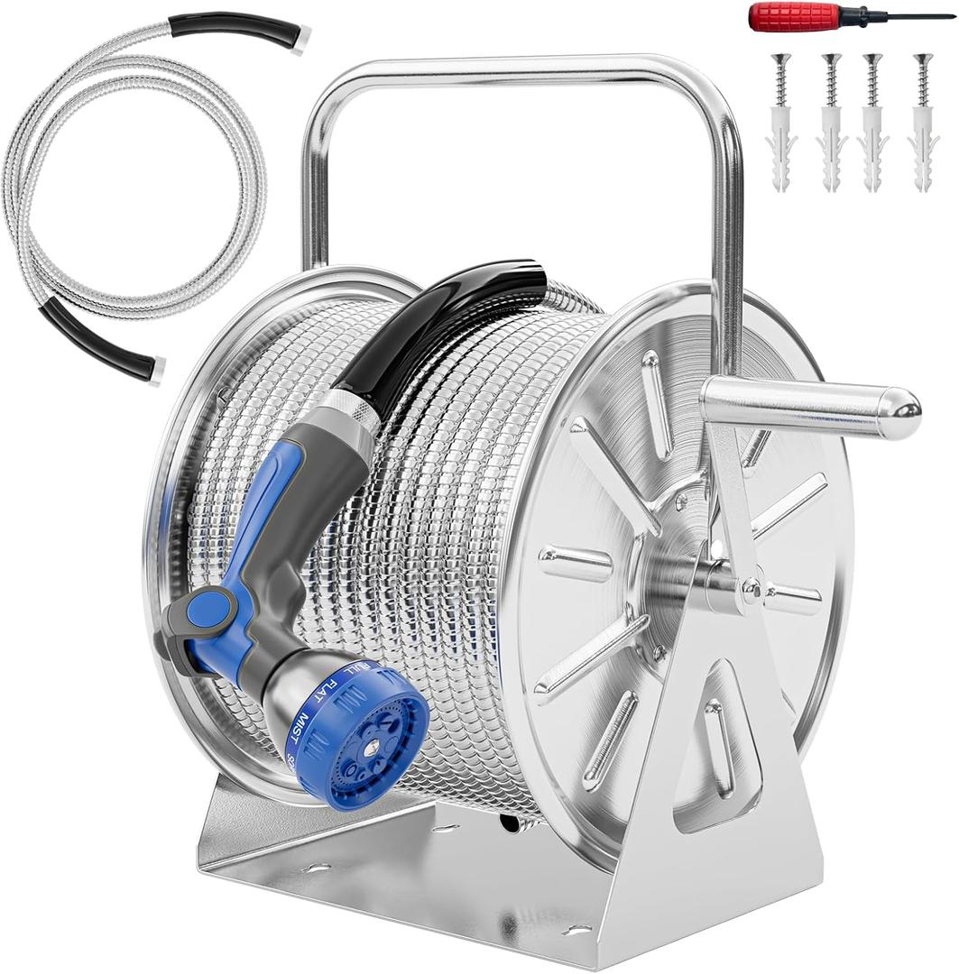 Stainless Steel Garden Hose Reel with 100FT Drinking Water Hose and 6.2FT Leader Pipe, Wall/Floor Mounted Metal Spool with Crank Handle, for Outside, Yard, Patio