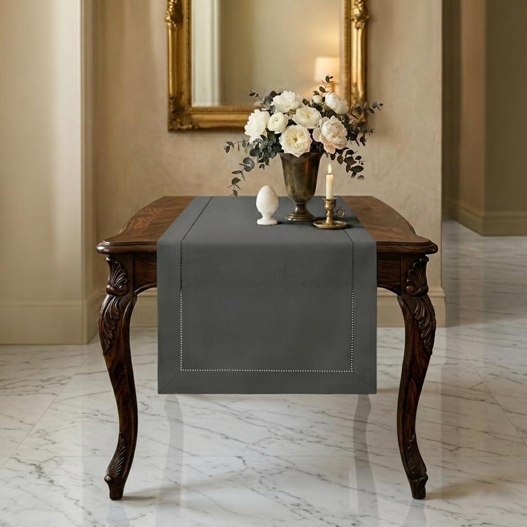 Signature Linen™ by D'Moksha Charcoal Grey Table Runner 48 Inches, 100% Pure Linen, Hemstitch, Coffee Table Runner, 14 x 48 Inch for Dresser Tables- Summer, Weddings, Outdoor hostings