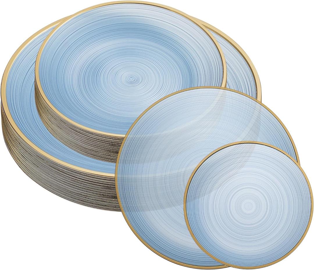PLASTICPRO 32 Pieces Crystal Design Plastic Plates Combo Pack 7 inch and 10 inch Gold Rim Elegant Disposable Plates, Transparent Blue