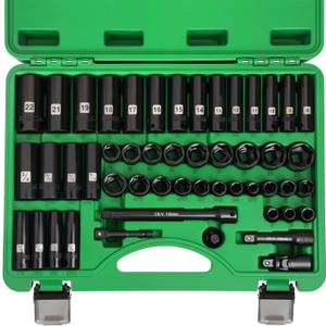 3/8" Drive Impact Socket Set, 50 Piece Standard SAE (5/16 to 3/4 inch) and Metric (8-22mm) 6 Point, Extension Bars, Impact Universal Joint, Adapter, Cr-V Steel