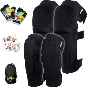 Soft-Style Kids Knee and Elbow Pads with Bike Gloves, Flexible Impact-Resistant Gear for Ages 2-11, Designed for Balance Bikes, Roller-Skating, and Skateboarding ((2nd Gen) Black, Small)