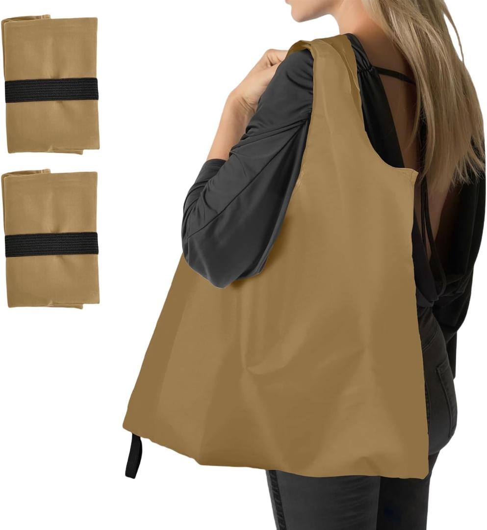 Washable Reusable Grocery Bags, Foldable Reusable Shopping Bags, Polyester Tote, Pocket Size Carrier (C6-khaki 2)