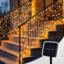 Patioman Curtain Lights for Stair Railing, 300 LED 20Ft x 3Ft Solar Powered Outdoor String Lights, Warm White Tangle-Free Decorative Light with 8 Modes for Stairs, Balcony, Fences, Eaves, Porch Décor