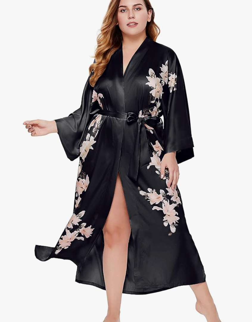 BABEYOND Plus Size L/XL Long Kimono Robe Floral Satin Robes Silky Kimono Cover Up Loose Cardigan Top Bachelorette Party Robe BABEYOND Plus Size L/XL Long Kimono Robe Floral Satin Robes Silky Kimono Cover Up Loose Cardigan Top Bachelorette Party Robe