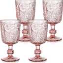 Tebery 4 Pack Pink Glass Wine Goblet Vintage, 10oz Colored Beverage Stemmed Glass Cups, Embossed Design Glassware Set for Water, Juice, Wine,Beer and Cocktails