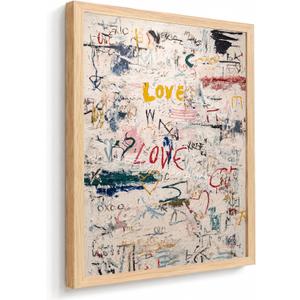Framed Modern Neutral Abstract Textured Graffiti Love Wall Art, 16x24 Inch | Impasto canvas artwork with contemporary graffiti style for living room bedroom office