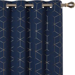 Deconovo Blackout Curtains, Thermal Insulated & Noise Reducing, Diamond Foil Print  Grommet Top, 2 Panels, Soft Drape Polyester for Bedroom/Living Room, Navy Blue 52" W x 95" L