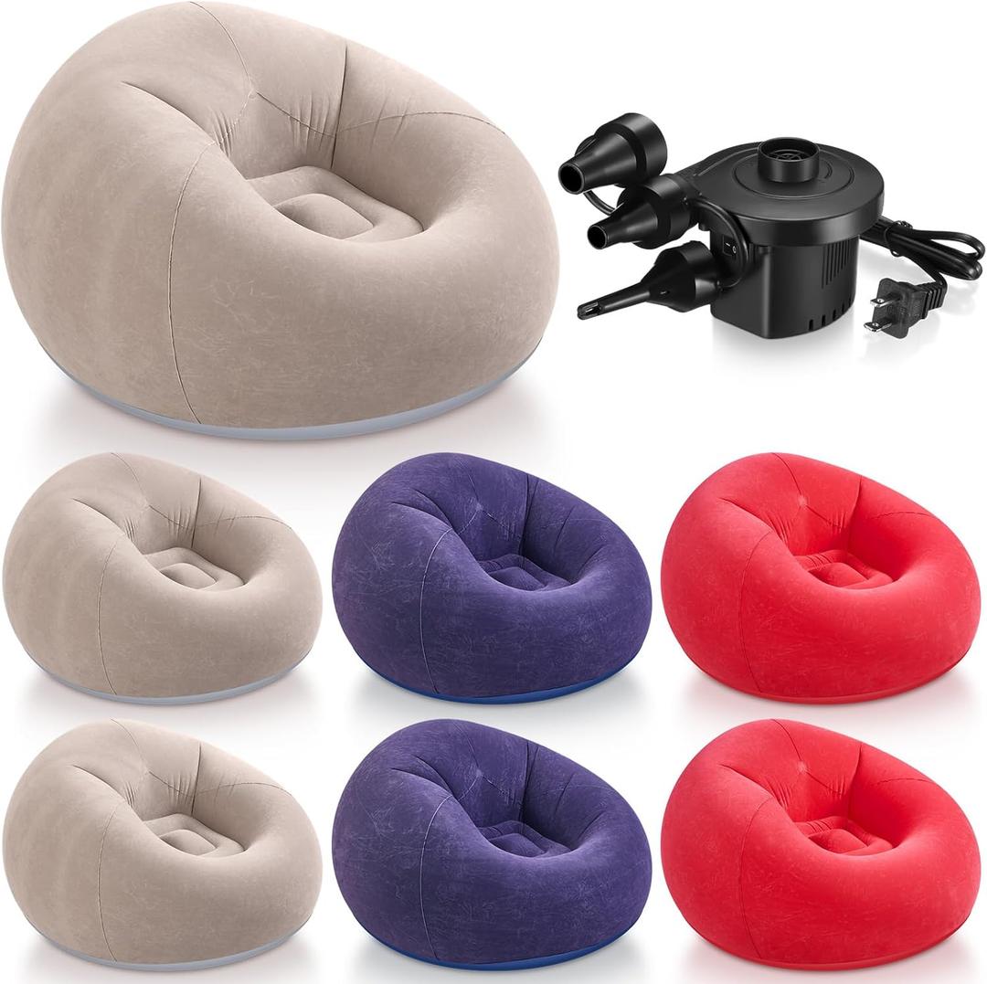 Realspring 6 Pcs Inflatable Bean Bag Chairs for Adults with Electric Air Pump, Blow up Couch Folding Portable Inflatable Couch Lazy Sofa for Outdoor Movie Night Camping(Coffee,Blue,Red,6 Pcs)