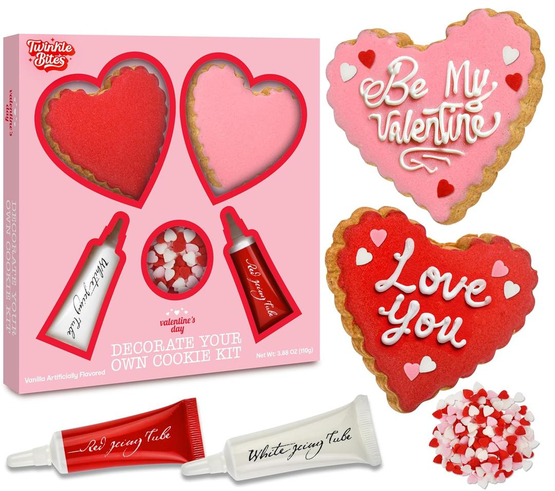 DIY Valentines Day Cookie Decorating Kit  2 Heart-Shaped Cookies, Red & White Frosting Tubes & Heart Sprinkles  Fun Sweet Treat for Kids, Couples & Valentine Gifts (EXP 10/25/26)