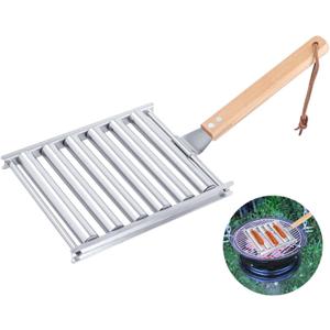 Hot Dog Roller for Grill 2Pcs - Stainless Steel Sausage Roller Rack with Extra Long Wood Handle, BBQ Hot Dog Griller for Evenly Cooked Hot Dogs, 5 Hot Dog Capacity, 6.5 x 5.5 Inch