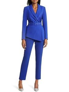 Women's 2 Piece Outfits Suit Set Long Sleeve Solid Blazer Jacket Pant Suits Business Casual Office Work Outfits Blue 2XL