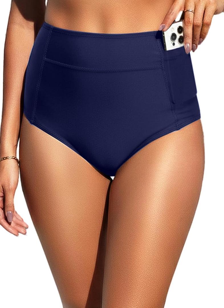 Tempt Me Women High Waisted Swimsuit Bikini Bottoms - Tummy Control Swim Bottom Full Coverage Bathing Suit with Pockets 2025 (Blue, L)