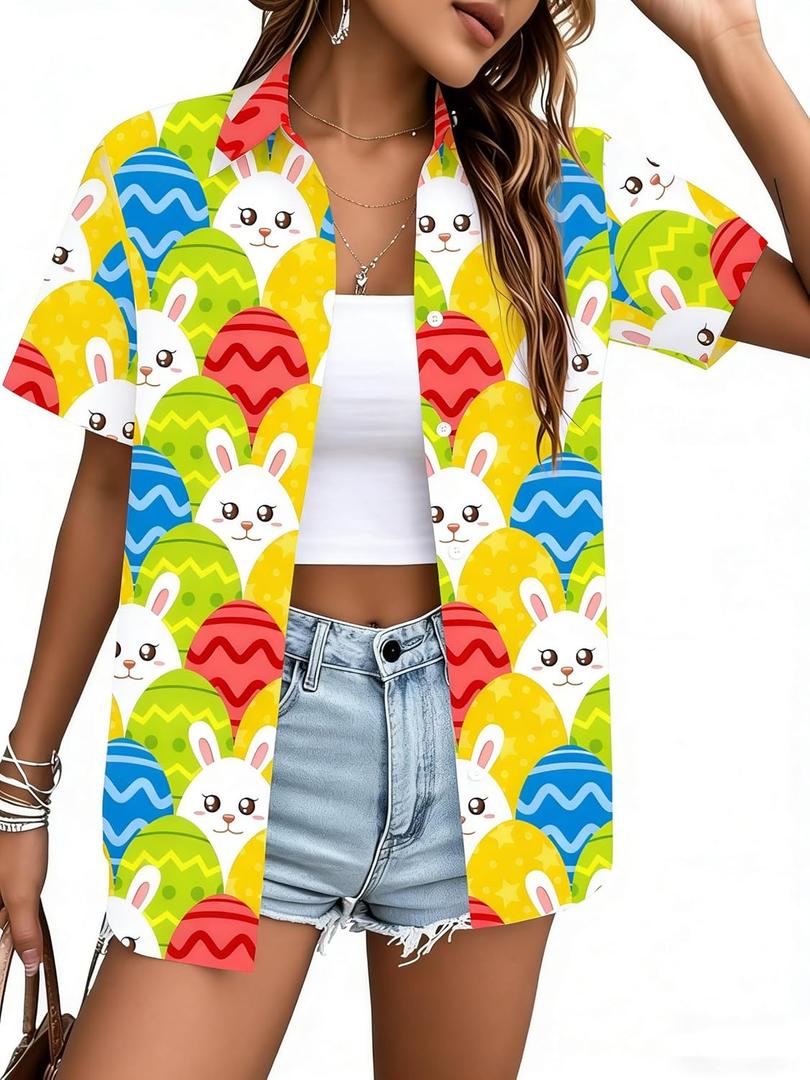 Easter Shirt for Women: Happy Easter Shirts Cute Rabbit Graphic T Shirt Short Sleeve Button Down Tee Tops (Yellow, S)
