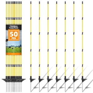 48 Inch/4 FT Fiberglass Step-in Electric Fence Posts  5 Clips, Holds Wire, Poly Tape, and Poly Rope, Livestock Control | Lightweight, Anti-Rotation