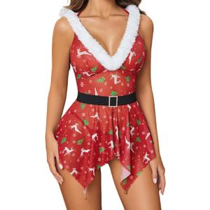 Avidlove Lingerie for Women Christmas Babydoll Lingeries Mesh Santa Belts Outfit Hooded V Neck Chemise Set Sexy Sleepwear (Small, Chirstmas Reindeer)