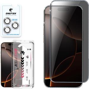 OneFish Women Fashion Privacy Screen Protector for iPhone 15 Pro Max [6.7 inch]+ Camera Lens Protector, Sparkling Diamond Bling Edge 9H Tempered High-Definition Glass
