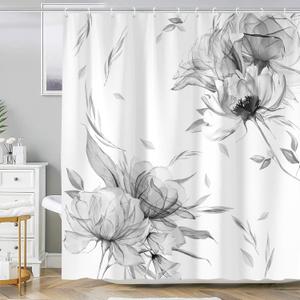 Floral Shower Curtain Grey Flowers Bathroom Curtain Sets, Rustic Farmhouse Boho Watercolor Floral Leaf Shower Curtains Bathroom Decor, Polyerst Fabric with 12 Hooks, 72 x 72 inch