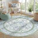 DCX Area Rug 4x4 Botanical Floral Washable Rugs in Green and Blue Soft Non Slip Low Pile Stain Resistant Round Carpet for High-Traffic Areas Bedroom Kitchen