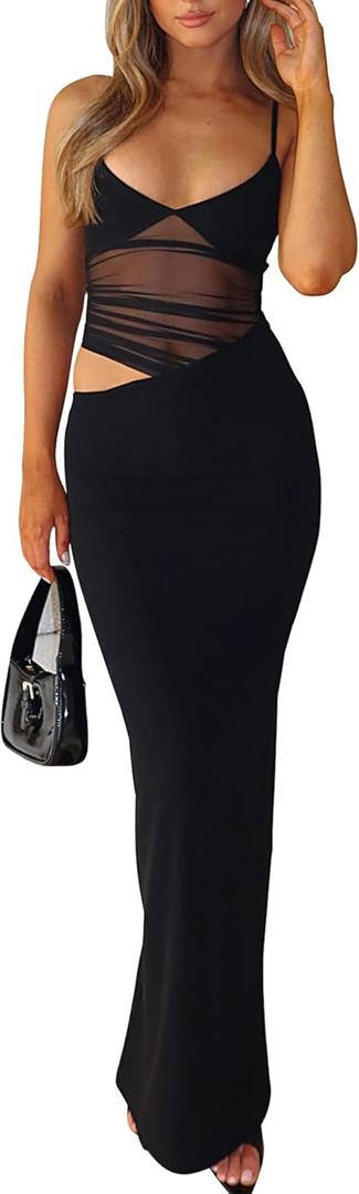 BORIFLORS Women's Sexy Bodycon V Neck Spaghetti Strap Maxi Dress Elegant Backless Cocktail Evening Party Long Formal Dresses, Small, Black
