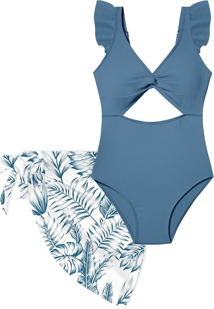 Girls One Piece Swimsuit Cut Out Ruffle Bathing Suit Twist V Neck Swimwear Solid Color with Cover Up Skirt 7-18T (13-14 Years, Dark Blue)