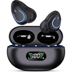 Clip On Earbuds, Bluetooth 5.3 Lightweight Comfort Bone Conduction Open Ear Headphones with LED Digital Display Charging Case Sport Built-in Mic IPX7 Waterproof for Running Fitness Android, Black