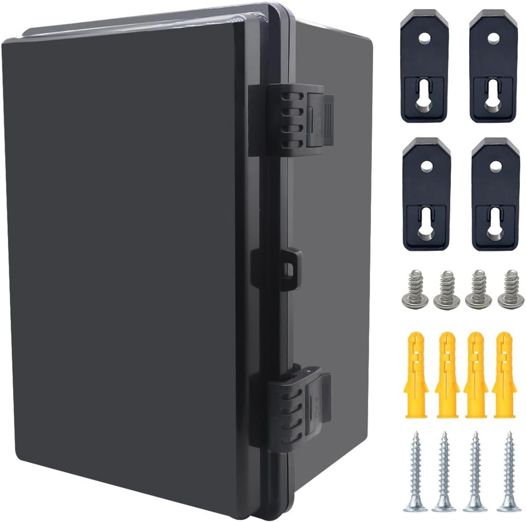 Junction Box, Hinged Black Cover IP67 Waterproof ABS Project Box with Mounting Plate Electrical Box Enclosure with Wall Bracket 11.8 x 7.9 x 6.7inch(300x200x170mm)