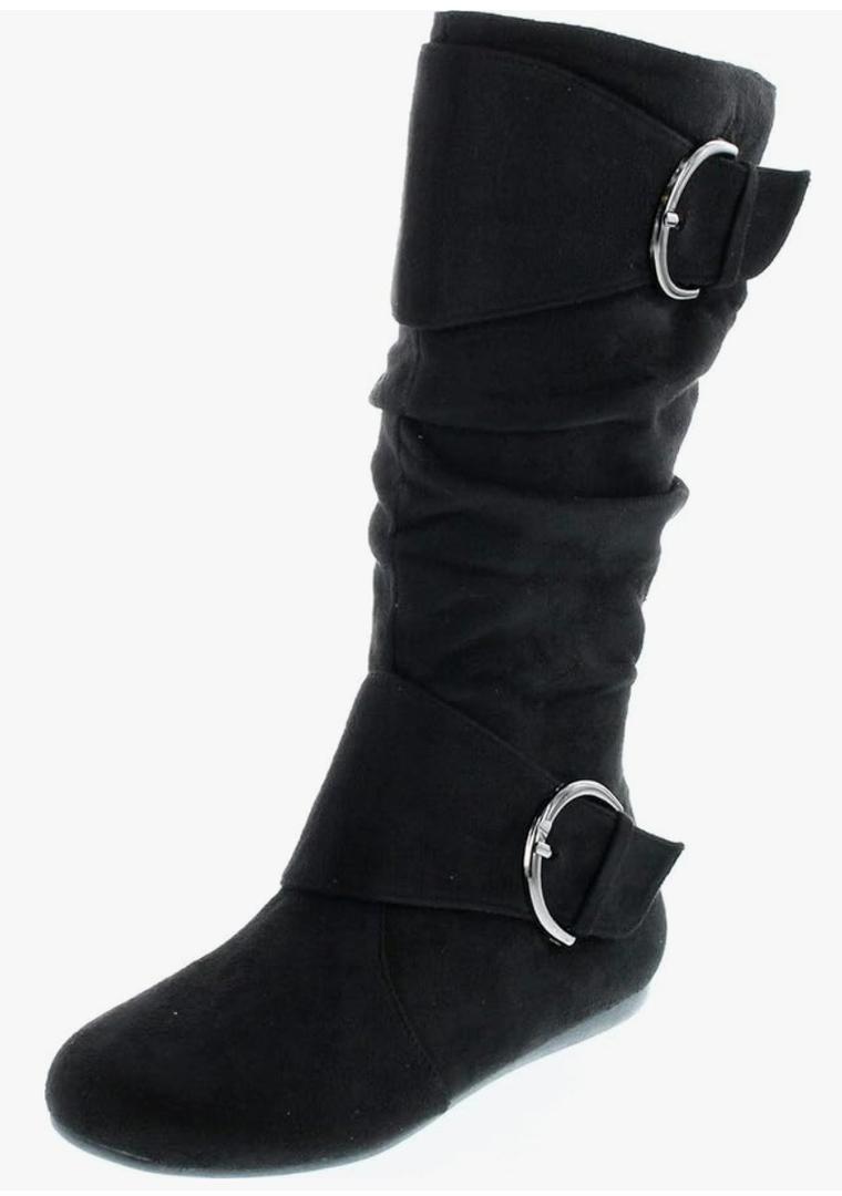 Forever Link Women's Klein-70 Closed Round Toe Buckle Slouch Flat Heel Mid-Calf Boot, Size: 8