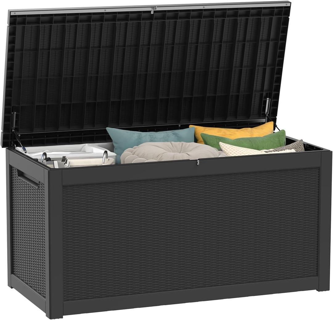 PATIOEASY Outdoor Storage Box 325GAL Waterproof Resin Deck Box,Pool Accessories Supplies，UV-Resistant Lockable Package Delivery Bin for Garden Tools,Large Patio Outside Cushions,Chest,Furniture,Black
