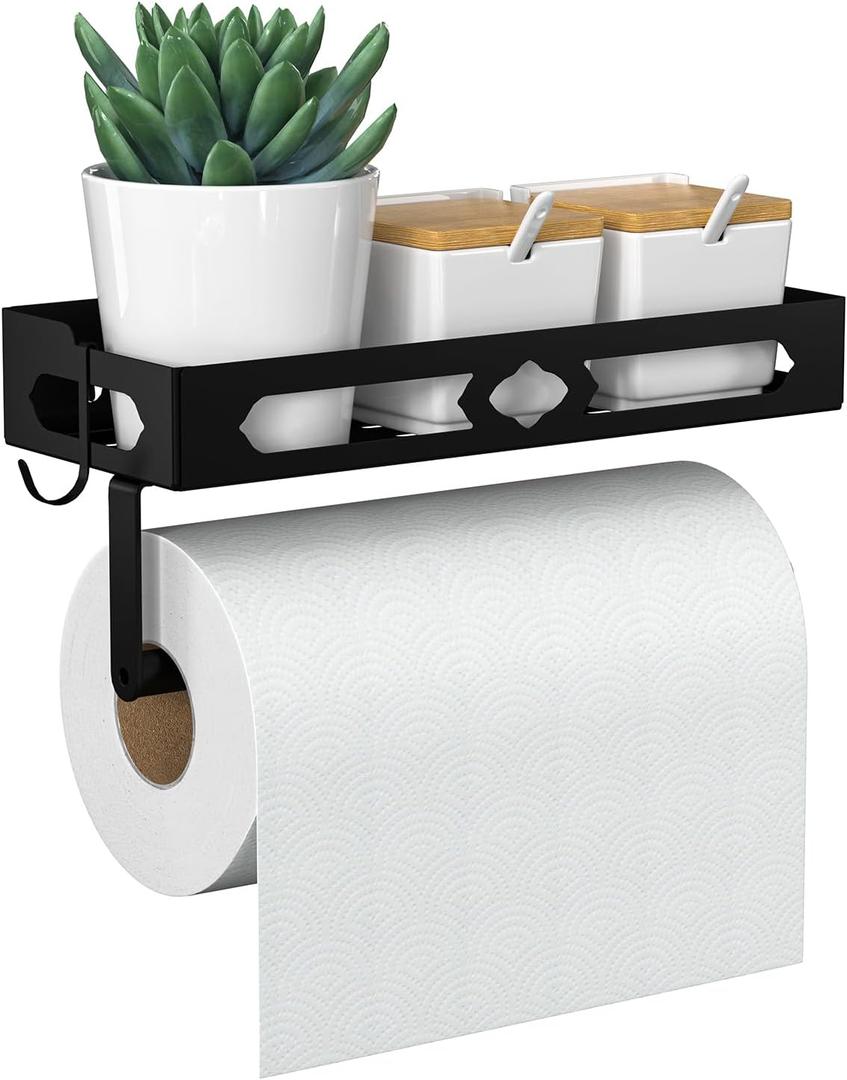 Paper Towel Holder Wall Mount for Kitchen, Easy One-handed Operation Design, Self Adhesive Paper Towel Holder with Shelf for Bathroom, RV Paper Towel Rack Paper Roll Holder with 2 Hooks, Black