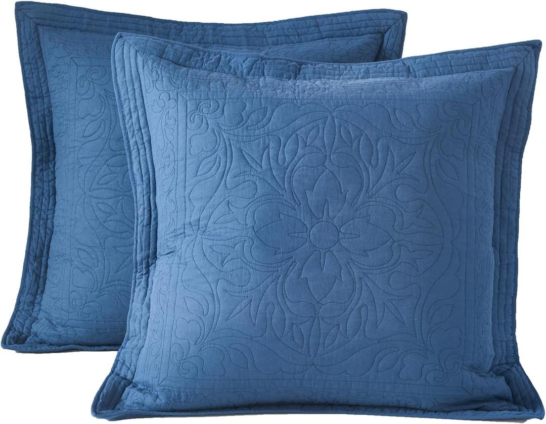 WINLIFE 100% Cotton Quilted Euro Sham Covers, 2 Pack Cotton 26'' x 26'' Pillow Covers, Soft and Breathable Euro Shams, Square Pillow Shams, Navy Blue