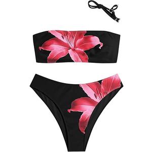 ZAFUL Women's High Cut Bandeau Bikini Set Strapless Solid Color 2 Pieces Bathing Suit Swimsuit (11-Black, S)
