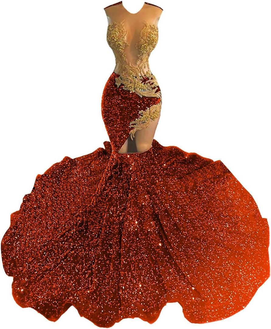 Sparkly Rhinestone Sequin Prom Dresses Beaded Applique Hollow Mermaid Pageant Gala Evening Party Gown (16, Orange)
