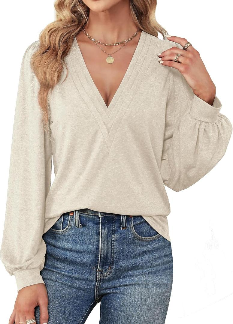 Agnes Urban Womens V Neck Long Sleeve Tops Dressy Casual Fall Shirts Puff Sleeve Loose Tunic Trendy Tops Blouses (S)
