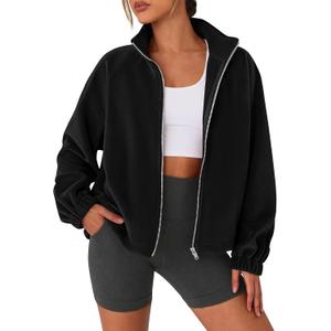 PRETTYGARDEN Womens 2026 Winter Fleece Sherpa Jacket Trendy Long Sleeve Zip Up Cropped Warm Coat Fall Fashion Workout Clothes (Black, XXL)