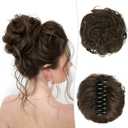 RUWISS Claw Clip Messy Bun Hair Piece Real Human Hair Buns Wavy Curly Chignon Hair Bun Extensions Tousled Updo Hair Buns Claw Clip Ponytail Hairpieces (6/0#Brown)