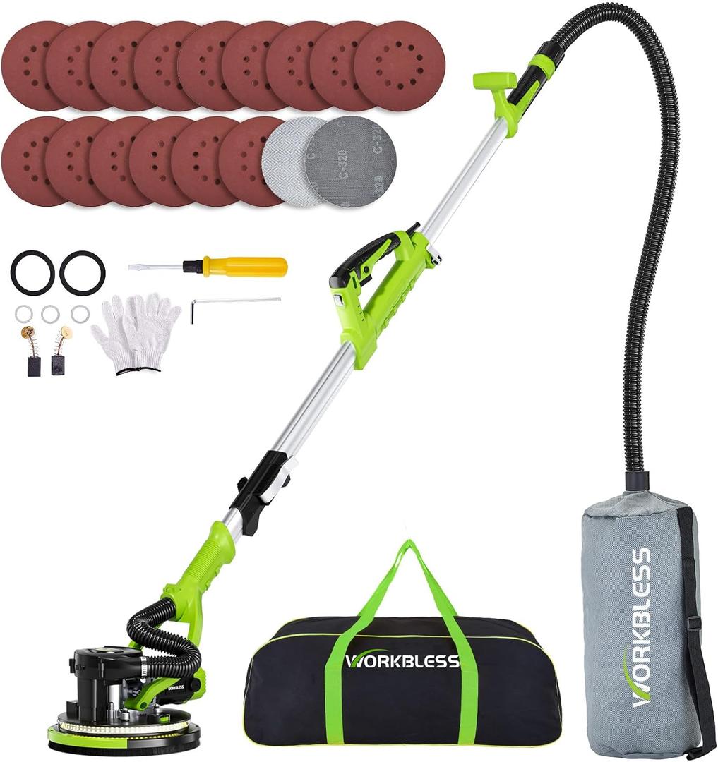 Drywall Sander, 1050W 7.2A Popcorn Ceiling Removal Tool, Automatic Drywall Sander with Vacuum Dust Collector, 7 Variable Speed 1000-2100RPM, 15Pcs Sanding Discs(Green)