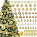 Roberly 72PCS Gold Christmas Tree Decorations Set Shatterproof Clear Plastic Gold Christmas Ornaments Balls with Hanging Snowflakes Ribbon Poinsettia Flowers Glitter Berry Stems
