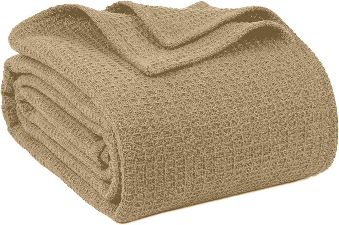 100% Cotton Blankets Queen Size for Bed - Waffle Weave Blankets for Summer, Lightweight and Breathable Soft Woven Blanket for Spring, White, 90x90 Inches (Beige, Queen (90" x 90"))