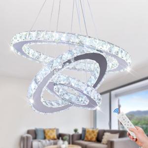 Chandelier LED Crystal Chandelier Lighting Dimmable LED Chandeliers Modern Ceiling Light Fixture 3 Rings Adjustable Stainless Steel Pendant Light for Bedrooms Living Room