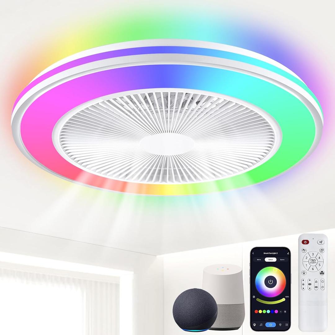 Smart WiFi&Bluetooth RGB Ceiling Fans with Lights and Remote, 20"low profile ceiling fan with light, Compatible with Alexa, Google Assistant, App Control Color Changing LED, 3000K-6000K, 6 adjustable speed