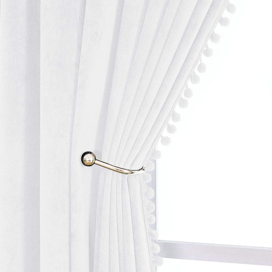 VANASEE Pompom Velvet Curtains for Bedroom Rod Pocket 52x84 inch Soft Blackout Window Curtains Room Darkening Drape Light Blocking for Living Room 2 Panels, Bleach