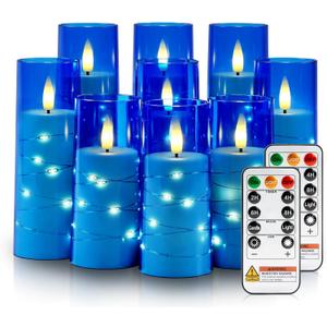 Raycare Independence Day Flameless Candle with Remote Timer 9 Flickering Acrylic Battery Operated LED Pillar Candles with Embedded Star String for 4th of July Home Patriotic Decor, as a Gift (Blue)