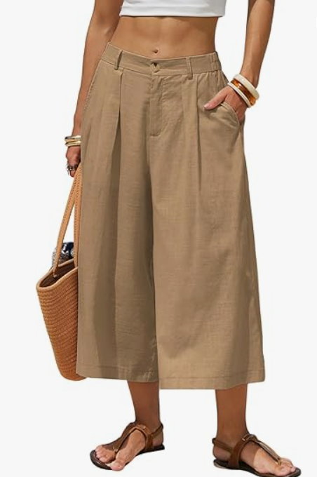EXLURA Womens Linen Capri Pants Summer Wide Leg Palazzo Pant Cotton Dressy Casual Cropped Gaucho Pant Culottes with Pockets (XX-Large, Light Brown)