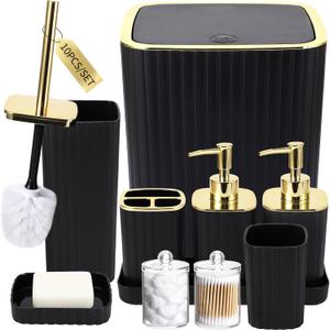 Bathroom Accessories Set - Gorgeous Black Bathroom Set, 10PC Bathroom Accessory Set, Toilet Brush, Trash Can, Qtip Holder & Soap Dispenser