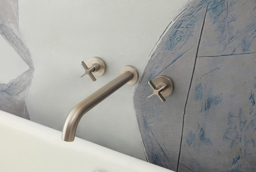 Wall Mount Tub Filler,Two Cross Handle Bathtub Faucet,Extra Long Spout Reach with High Water Flow,Brass Rough in Valve Included,Nickel Brushed