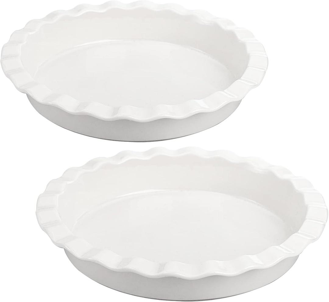 Foraineam Porcelain Pie Pan for Baking, Oven Safe Pie Plate Baking Dish, 9 Inches Round Deep Dish with Ruffled Edge, Set of 2