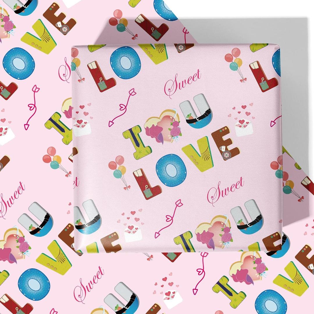 4 x RiukRaiu Valentine's Day Wrapping Paper for Men Women - Pink Gift Wrap Balloon Heart Envelope for Romantic Lovers Wedding - 4 Folded Sheets 28 X 40 Inch, Easy to Store