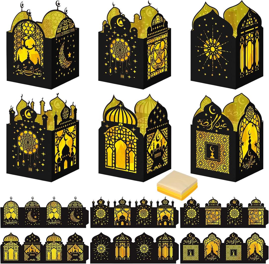 Retisee 24 Pcs Ramadan Eid DIY Lantern Craft Kit, Paper Lanterns with 1000 Gold Yellow Tissue Paper & Double-Sided Tape, Islamic Moon Star Motif Decor for Home Table Mosque Party Art Project